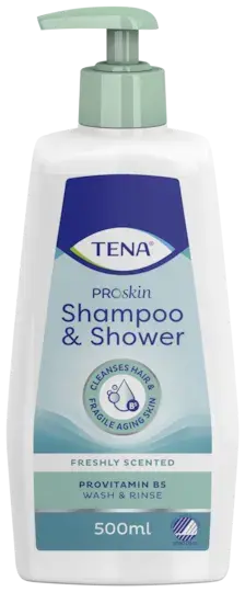 TENA ProSkin Shampoo & Shower in 500 ml Flasche – Pflegendes Shampoo und Duschgel für die schonende Reinigung und Hautpflege